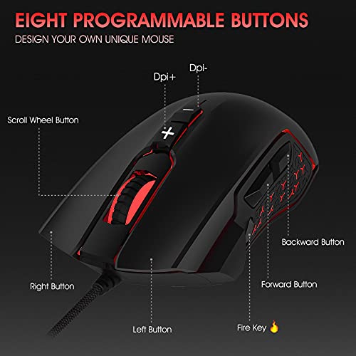 LeadsaiL Gaming Mouse Wired RGB PC Gaming Mice, 7200 DPI, 8 Programmable Buttons, 6 Color Backlight, Ergonomic Optical Computer Mouse for Desktop PC Laptop Gamer & Work