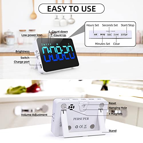 PERSUPER Kitchen Digital Timer, Count Down Up, Rechargeable, Vibration Mode | Adjustable Volume and Brightness LED Display, Time Management Cook, Desk, Kids Adults Study Teaching, Kitchen Gadgets Blue - color: Blue