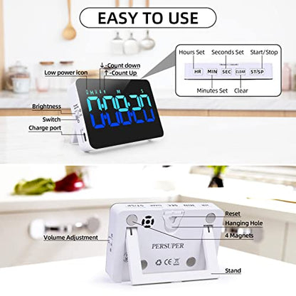 PERSUPER Kitchen Digital Timer, Count Down Up, Rechargeable, Vibration Mode | Adjustable Volume and Brightness LED Display, Time Management Cook, Desk, Kids Adults Study Teaching, Kitchen Gadgets Blue - color: Blue
