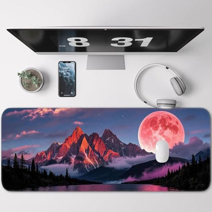 Mouse Pad, Gaming Mouse Pad, Large Laptop Pad, Waterproof and Non-Slip, Gaming Office Sewn Desk Pad, 31.5x11.8 Inch Extended, Moon Mountain - color: Moon mountain scenery