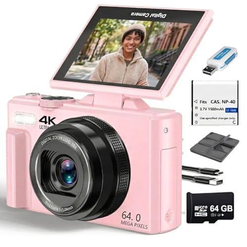 Acuvar 4K Digital Camera, 64MP Compact Digital Camera for Photography & Vlogging, Flip Screen, WiFi, 16X Zoom, Small Camera for YouTube, Beginners with 64GB Card, Pink - style: Basic Camera Kit