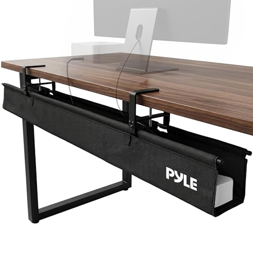 Pyle 48" Under Desk Cable Management Tray, Under Desk Wire Organizer with Clamp or Screw Mount, Desk Cable Organizer with Fabric Design for Large Workstations, Built-in Ties, 20 lb Capacity, Black - size: 48"