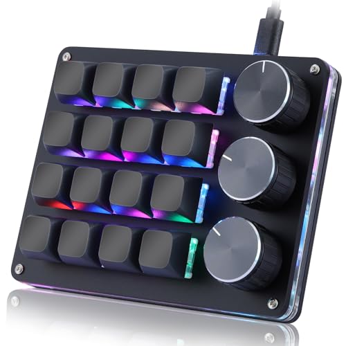Koolertron Macro Programmable Keypad, One Handed Programmable Mechanical Keyboard, RGB Blue Switch Hot Swappable, 16 Keys 3 Knob Backlit Keypad for Working and Gaming, Black - size: 16-key (3 Knob)