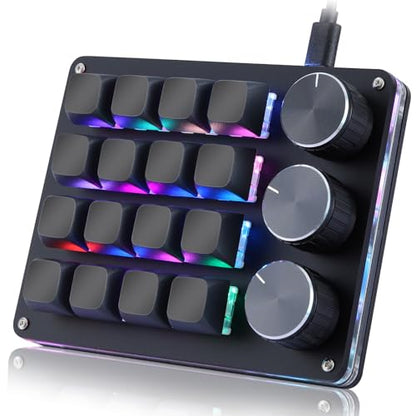 Koolertron Macro Programmable Keypad, One Handed Programmable Mechanical Keyboard, RGB Blue Switch Hot Swappable, 16 Keys 3 Knob Backlit Keypad for Working and Gaming, Black - size: 16-key (3 Knob)