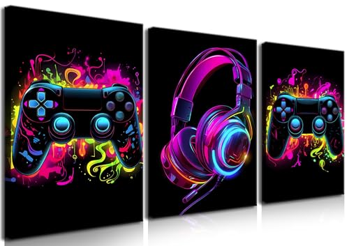 BGFCE Game Room Decor Set of 3, Neon Gaming Video Game Room Wall Art, Gaming Canvas Paintings Posters Prints for Teen Boys Room Children Teen Wall Decor Framed 12x16 in - color: Purple Game Controller, size: 16L" x 12W"