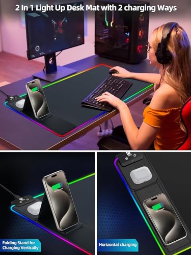 XXL Mouse Pad with Phone Holder - Black, RGB Desk Mat with 15W Fast Charging, LED Gaming Mousepad with 11 Light Colors, Waterproof Non-Slip Pad for Office & Home - color: Black