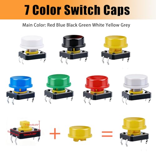 TWTADE/140PCS Tactile Push Button Switch 4 Pin Momentary Tact Switches 12x12x7.3mm with 7 Color Switch Caps (70Sets) - color: 7 Colors-4 Pin 12x12x7.3mm