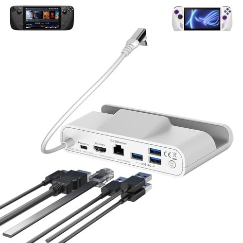 Stand Dock for Steamdeck/ROG Ally/Legion Go, 6-in-1 Steamdeck Dock with 4K@60Hz HDTV, Gigabit Ethernet, 3 USB-A 3.0 & 100W USB-C Charging Ports White
