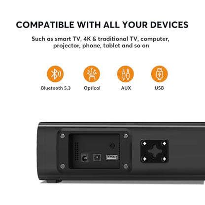 2.1ch Small Sound Bars for TV with 6 Levels Voice Enhancement, Built-in Subwoofer, 16 Inches Bluetooth 5.3 Soundbar Speakers with Optical/AUX/USB Connection, S100