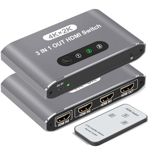 HDMI Switch 3 in 1 Out, 4K@60Hz HDMI Splitter with Remote Control, 3 Ports HDMI Switcher, Perfect for Full HD 4K 1080P 3D Video Roku Fire TV Blu-ray Players Stick Apple PS4/PS5 Xbox Chromecast (Grey) - color: Grey
