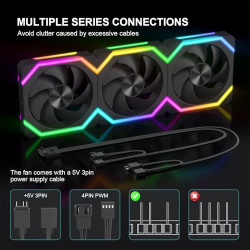 Iesooy ARGB Cooling Fan, 120mm RGB PC Case Fan, ARGB Async/Sync Mode, 1800RPM 5V 3-PIN Cable, Daisy Chain PWM RGB Fans, Modular Stackable Silent for CPU Liquid Coolers （Black, Forward, 3-Pack） - color: Black