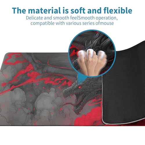Huge Dragon Mouse Pad Desk Mat XL Extended Large Gaming Desk Pad Mousepad, Red and Black Computer Laptop Keyboard and Mouse Mat, Desktop Protector Mat for Office and Home 31.5x11.8 in - color: A Red-eyed Dragon