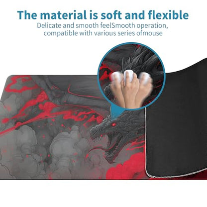Huge Dragon Mouse Pad Desk Mat XL Extended Large Gaming Desk Pad Mousepad, Red and Black Computer Laptop Keyboard and Mouse Mat, Desktop Protector Mat for Office and Home 31.5x11.8 in - color: A Red-eyed Dragon