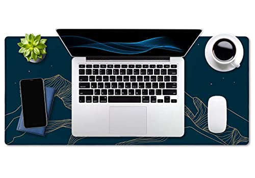 SSOIU Mountain & Moon Landscape Blue Desk Mat, Extended Gaming Mouse Pad 35.5x15.7 in, Large Non-Slip Rubber Base Mousepad with Stitched Edges, Waterproof Keyboard Mouse Mat Desk Pad for Office, Home - color: Mountain & Moon Landscape Blue