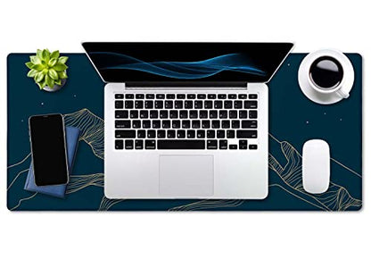 SSOIU Mountain & Moon Landscape Blue Desk Mat, Extended Gaming Mouse Pad 35.5x15.7 in, Large Non-Slip Rubber Base Mousepad with Stitched Edges, Waterproof Keyboard Mouse Mat Desk Pad for Office, Home - color: Mountain & Moon Landscape Blue