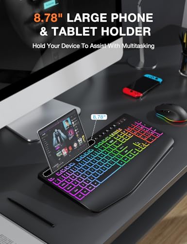 Wireless Keyboard and Mouse Combo - 9 Backlit Effects, 2.4GHz | Ergo Wrist Rest, Phone Holder, Full Size, Rechargeable, Sleep Mode, KM22 MAX Quiet Set for Computer, PC, Laptop, Mac, Windows - color: Classic Black