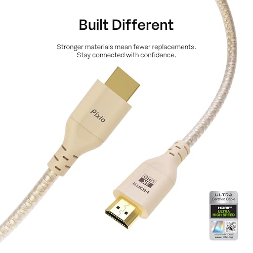 Pixio Beige 8K HDMI 2.1 Cable Ultra Certified Ultra High Speed 6FT 8K 60Hz 4K 120Hz Nylon Braided, Gold Plated Connector, Anti-Breakage, HDR10+, dtsx, eARC, HDCP, Dolby Compatible - color: Beige, size: 6 ft