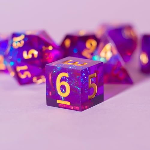 Resin DND Dice Set, (Purple-Warlock) 7 Pieces Handmade Sharp Edge Polyhedral Dice, Designed for Dungeons & Dragons, MTG, Role Playing Game, Dice Gift for D&D RPG DM and Players - color: Purple