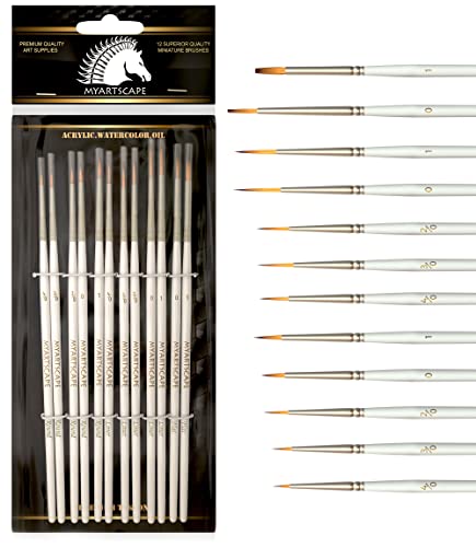 MyArtscape Detail Paint Brushes - 12 Miniature Taklon Brushes | 12 fine detail Taklon paint brushes for acrylic, watercolor, oil, gouache, miniatures, models, and lettering