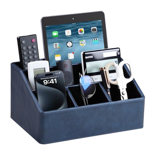 PU Leather Desk Organizer, Remote Control Holder, Dark Blue | Luxury Nightstand Organizer for Home, Office Desk Accessories, Bedside Table Caddy with 5 Compartments, Velvet Lining - color: Dark Blue