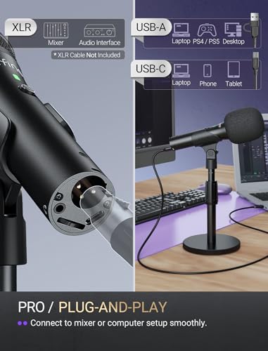 FIFINE AmpliTank TANK2 USB/XLR Dynamic Microphone for Podcast Recording | Studio Desktop Mic with Mute Button, Height-Adjustable Stand, Windscreen for Vocal, Streaming, Voice Over, Black