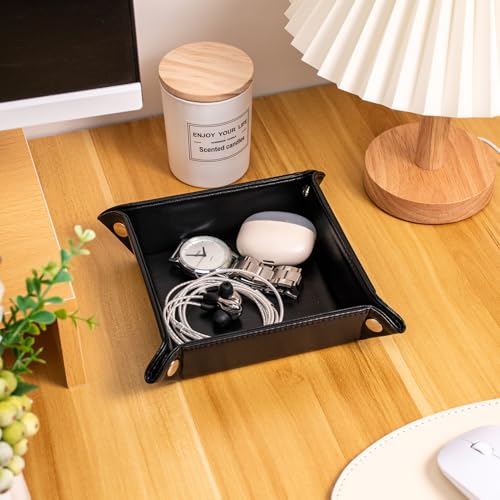 PU Leather Valet Tray for Mens and Women Catchall Tray for Keys,Watch,Jewelry Small Nightstand Bedside and Entry Table Tray Gift for Dad Husband (Black)