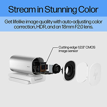 HP 960 4K Streaming Webcam - 4K 30 FPS/1080p 60 FPS Computer Camera & Dual Mics, Noise Reduction, & Privacy Cover - Zoom Certified - Swivel/Tilt Adjust - Color Correction, AF & Framing (695J6AA#ABL)