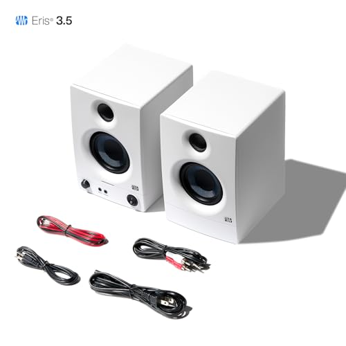 PreSonus Eris 3.5 Studio Monitors (White), Pair — 3.5" Inch Powered Bookshelf Speakers, Stereo, Desktop Computer, Near Field Music Production, Audio Mixing Recording | 50W Class-Ab, 3.5 Woven Woofer, 1 Silk-Dome Tweeter, 80-20khz, Trs and Rca/1/8 Inputs,