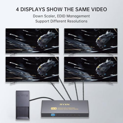 4K HDMI Splitter 1 in 4 Out 60Hz, 1x4 HDMI 2.0 Splitter Supports 4K@60Hz 4:4:4, 2K@144Hz/120Hz, HDCP 2.3, EDID, for PS5/PS4, Xbox, Apple TV, Fire Stick, Blu-ray Player