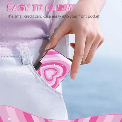 Credit Card Holder, Mini RFID Small Aluminum Card Wallet Business Card Case | Blocking Slim Metal RFID Blocking Front Pocket Wallet Hard Case Durable CC Holder for Women Girls, Pink Hearts - color: Pink Hearts