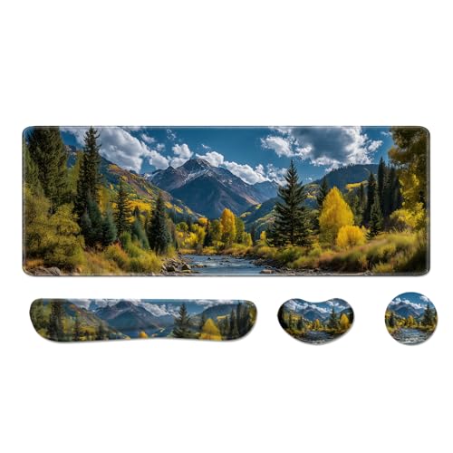 Desk Pad and Keyboard Wrist Rest, Large Mouse Pad + Keyboard Pad+Mouse Wrist Support, Non-Slip Desk Mat Protector for Office, Home 31.5×11.8 Inches Fall Forest - color: Fall Forest