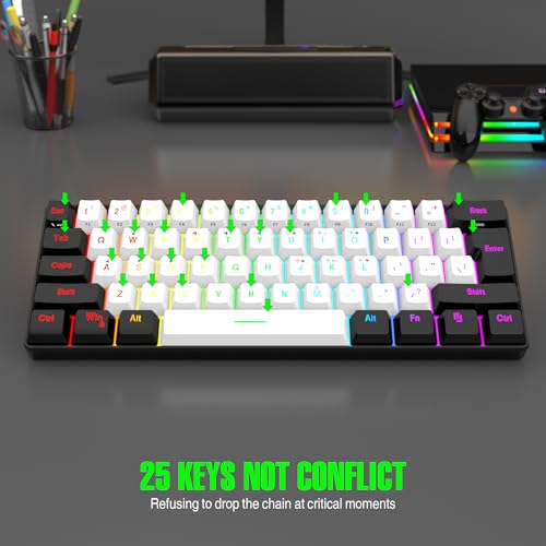 7KEYS 60% Wired Mini Gaming Keyboard, 14+ Mode RGB Light up, 25 Keys Anti-ghosting Mechanical Feel, Portable Ultra Compact 61-Key Black and White for Office Computer/PC/MAC/Laptop