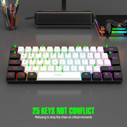 7KEYS 60% Wired Mini Gaming Keyboard, 14+ Mode RGB Light up, 25 Keys Anti-ghosting Mechanical Feel, Portable Ultra Compact 61-Key Black and White for Office Computer/PC/MAC/Laptop