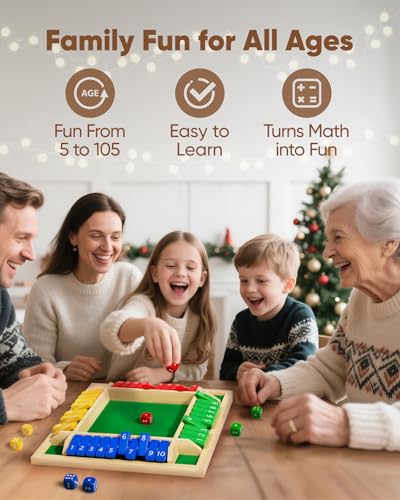 Classic Original Shut The Box Game Wooden Math Dice Board Game 2-4 Players | Table Games for Family Night Classroom Travel, Gifts for Group Kid Adult Senior, Camp Party Bar, Easy Quick and Fun - size: 8.7in