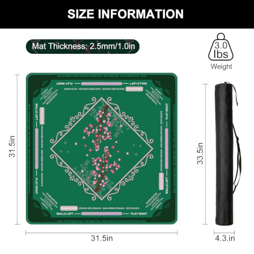 Cherry Blossom Mahjong Mat for Table with Rules, 31.5" x 31.5" Noise Reduction Non Slip Waterproof Mah Jong Table Mat with Carrying Bag, Suitable for Mahjong, Poker, Board Games, Dominoes, Card Games - color: Cherry Blossom