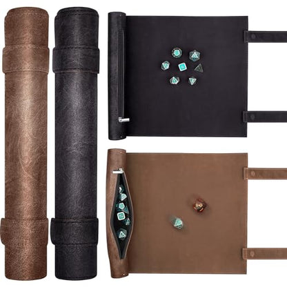 SIQUK 2 Pieces Magnetic Dice Mat Tray Rolling Mat with Zipper PU Leather Folding Scroll Dice Holder for D&D RPG Games (Camel, Black) - color: Camel, Black