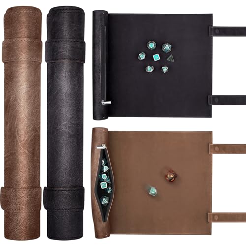 SIQUK 2 Pieces Magnetic Dice Mat Tray Rolling Mat with Zipper PU Leather Folding Scroll Dice Holder for D&D RPG Games (Camel, Black) - color: Camel, Black