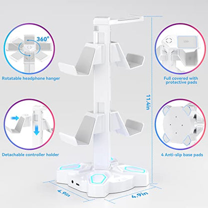 KDD Gaming Headphones Stand, Rotatable Headset Stand with Light Modes - Controller Holder with 2 USB Charging Ports and 3.5mm - Earphone Hanger Accessories for Desktop Gamer(White) - color: White
