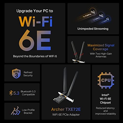 TP-Link WiFi 6E Intel AX210 AXE5400 PCIe WiFi Card for Desktop PC - (Archer TXE72E), Bluetooth 5.3, WPA3, 802.11ax Tri Band Wireless Adapter with MU-MIMO, OFDMA, Ultra-Low Latency, for Windows 10,11 - style: AXE5400, WiFi 6E