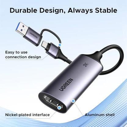 UGREEN 2K@30Hz 1080P 60FPS Video Capture Card 4K Input HDMI to USB 3.0 | 4K HDMI Input, Low Latency, Capture Card for Streaming Game Recording Compatible with Switch 2 Xbox PS4 PS5 PC Camera Usb C