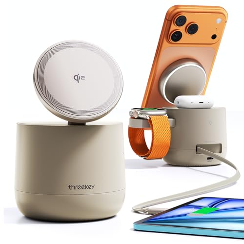 THREEKEY 4 in 1 Qi2 Magnetic Wireless Charging Station, 15W Fast Charger with Made for Apple Watch Charging Module, for iPhone 17–12 Series & AirPods, 65W Adapter Included - color: Sand
