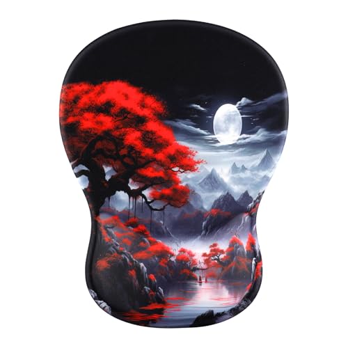 Ergonomic Mouse Pad with Wrist Rest - Gel Wrist Support Mousepad with Non-Slip PU Base for Computer, Laptop, Office & Home - color: Cherry Blossoms and Full Moon 1, size: 7.6L x 10.2W inches
