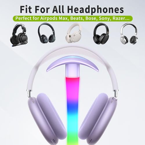 Headphone Stand with Charger,Gaming Headset stand with RGB Light Mode,For Airpod Max Stand,Desk Lamp,Phone Holder,Tablet Holder,desktop organizer,Gifts for Gamers & Music Lover (Purple) - color: Purple
