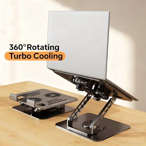 Laptop Stand for Desk with Quiet Cooling Fans - 360 Rotating Base Ergonomic Computer Stand, Aluminum Laptop Riser Foldable Protable for Office Home fits MacBook Air Pro, Dell, HP (10-17.3'') (silver) - color: silver