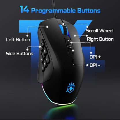 Wired Gaming Mouse with Side Plates, MMO Mouse with 14 Programmable Buttons, Ergonomic Gaming Mouse with 2 Grip Plates, Computer Mouse with Max 12,400 DPI, RGB Lighting, Grip Tape Included