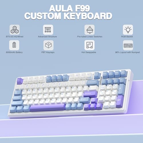 AULA F99 Wireless Mechanical Keyboard,Tri-Mode BT5.0/2.4GHz/USB-C Hot Swappable Custom Keyboard,Pre-lubed Linear Switches,Gasket Structure,RGB Backlit Gaming Keyboard for PC/Tablet/Xbox/PS4/PS5 - color: Blue&Purple&White