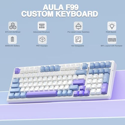 AULA F99 Wireless Mechanical Keyboard,Tri-Mode BT5.0/2.4GHz/USB-C Hot Swappable Custom Keyboard,Pre-lubed Linear Switches,Gasket Structure,RGB Backlit Gaming Keyboard for PC/Tablet/Xbox/PS4/PS5 - color: Blue&Purple&White