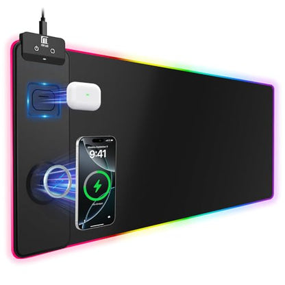 Mouse Pad with Magnetic Wireless Charging, Large Desk Pad Protector, RGB Black Mousepad Desk Mat with 15W Fast Charger, 4mm Thick Non-Slip, Waterproof Laptop Writing Pad for Office, Home, Gaming - color: Black Magnetic Charging 31.5x11.3"