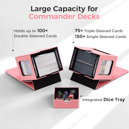 MTG Commander Deck Box with Dual Display Windows and Dice Tray | Fits 100 Double-Sleeved Cards, PU Leather, 2 Magnetic Card Holders, 2 Dividers, Pink & Black - color: 1. Pink & Black