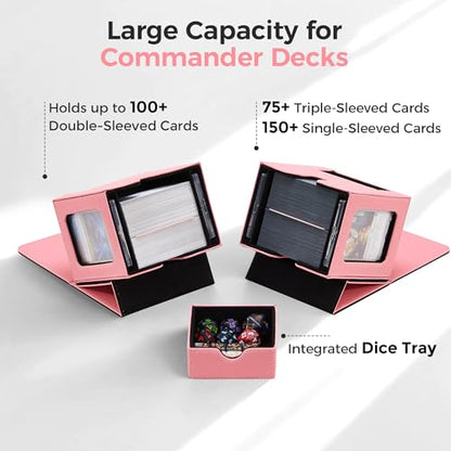 MTG Commander Deck Box with Dual Display Windows and Dice Tray | Fits 100 Double-Sleeved Cards, PU Leather, 2 Magnetic Card Holders, 2 Dividers, Pink & Black - color: 1. Pink & Black